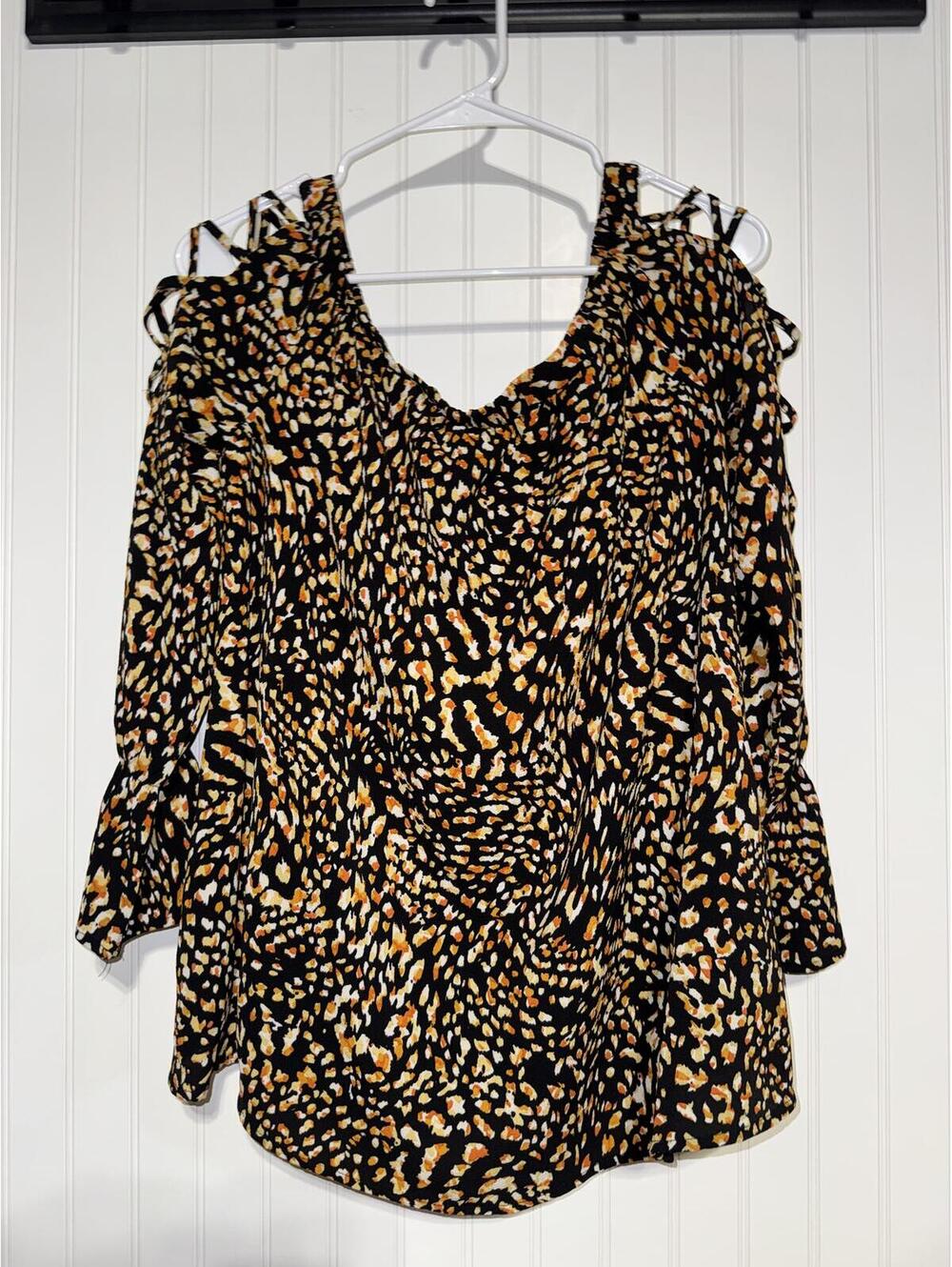 Entro Leopard Print Strappy Cold Shoulder Bell Sleeve Blouse Top Adult Large